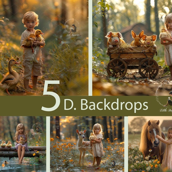 5 Farm Animals Digital Backgrounds Photography Digital Backdrops, Easter Rabbit, Pig, Duck, Deer, Horse. Floral Autumn Road, Bundle Download