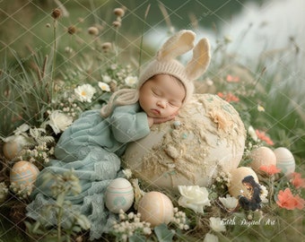 Newborn Digital Background Photography, Easter Bunny Newborn Digital Backdrop Composite, Newborn Face Inset, Spring Floral Field Backdrop