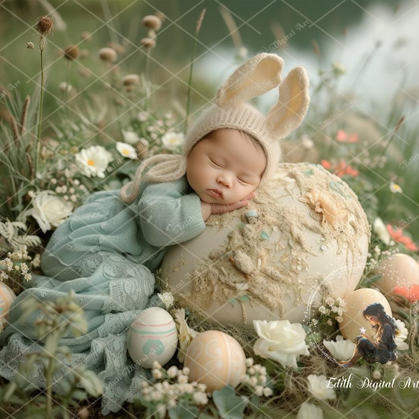 Newborn Digital Background Photography, Easter Bunny Newborn Digital Backdrop Composite, Newborn Face Inset, Spring Floral Field Backdrop