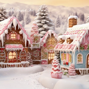 Cenário composto de cidade de gengibre, cenário fotográfico digital de Natal, sobreposição de casa de gengibre, cidade do Papai Noel, vila de neve doce
