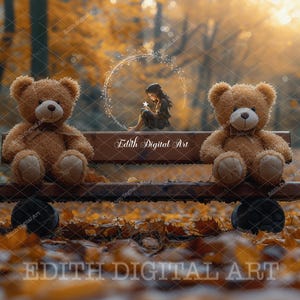 Fall Didital Backdrop Photography, Teddy Bear, Wooden Bench, Autumn Forest Composite, Fall Woodland, Kids & Pets Portraits, Digital Download