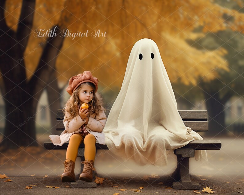 May include: A young girl in a pink hat and yellow pants sits on a wooden bench with a white ghost. The girl is holding a small yellow apple. The background is a blurry image of fall foliage.