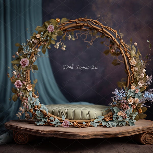 Newborn Digital Wooden Bed, Newborn Digital Background, Floral Baby Crib, Newborn Composite Photography Studio, Spring  Digital Photo Prop.