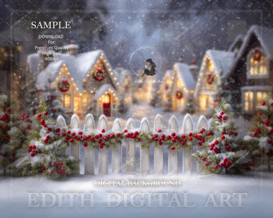 Christmas Village Backdrop, Snowy Holiday Fence, Winter Wonderland
