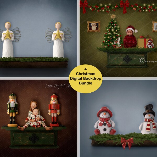 Christmas Digital Backdrop Background for Newborn and Toddler Kids Photography, Photoshoot Seat Shelf with Angels, Nutcracker and Snowmen.