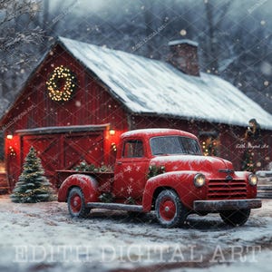 Christmas Red Truck Digital Background Photography, Snow Winter Farm, Red Barn Composite, Outdoor Portrait, Vintage Truck, Old Truck Digital
