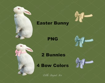 Spring Bunnies Easter Overlay, 2 Easter Bunny PNG Photoshop Composite with 4 Diferent  Bow Colors for Easter Scene, Rabbit Photo Overlays.