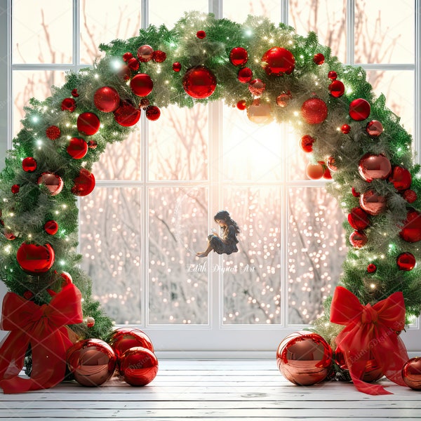 Christmas Digital Backdrop, Christmas Digital Background Photography, Luxury Christmas Arch on Window, Digital Download Photoshoot Template