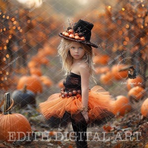 May include: A young girl dressed as a witch for Halloween, wearing a black and orange costume with a witch's hat and a pumpkin-themed accessory. She is standing in a field of pumpkins.