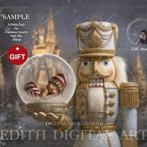 May include: A digital background featuring a large, ornate nutcracker holding a snow globe. Inside the globe, a baby sleeps, wearing a striped hat and swaddling. The background includes a snowy scene with a castle and text that reads "SAMPLE" and "GIFT".