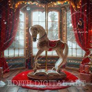 Cenário digital para fotografia de cavalo de carrossel de Natal, fundo composto, retrato de estúdio, feriados festivos, sala vermelha ornamentada, download