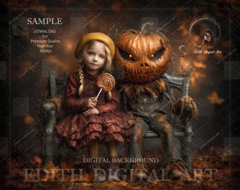 Halloween Digital Backdrop for Children Photography Composites, Jack O Lantern Fall Bench, Fine Art Portraits. Instant Download Background