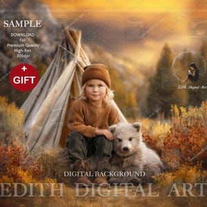 May include: A child wearing a brown hat and sweater sits with a small bear in front of a teepee. The background features a golden sunset and fall foliage. The image includes the text "SAMPLE" and "GIFT".