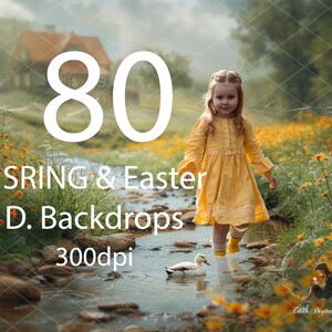 May include: A young girl in a yellow dress walks through a stream in a field of yellow flowers. The text "80 * SPRING & Easter D. Backdrops 300dpi" is visible in the image.