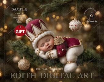 Newborn Face Insert Digital Backdrop Baby's First Christmas Ornament Digital Nutcracker Girl Photo Background Photography Composite Download