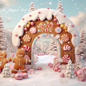 Christmas Digital Backgrounds, Christmas Digital Backdrops, Gingerbread Arch on Candyland Village, Snow Winter Forest, Christmas Candy Theme