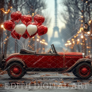 バレンタインのデジタル背景写真、ヴィンテージの赤い車、子供とペットのためのバレンタインデーの背景写真合成、ラブストリート、ダウンロード