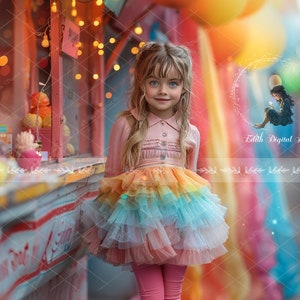 May include: A young girl wearing a pink and blue layered tulle dress with rainbow stripes. The girl is standing in front of a colorful background with lights and a sign that says 
