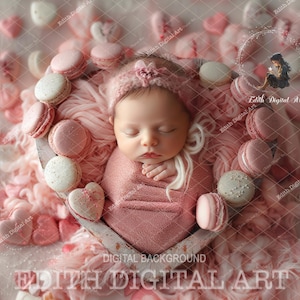 Cenário digital para fotografia recém-nascido composto, tigela de coração de dia dos namorados recém-nascido, cenário de menina bebê fundo digital rosa