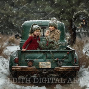 Fondo digital navideño, fondo compuesto de camión vintage verde, bosque nevado, bosques invernales, retratos navideños, imprimible + superposición de nieve.