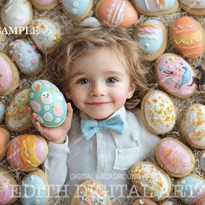 May include: A young child wearing a white shirt and a blue bow tie is surrounded by colorful decorated cookies. The child is holding a blue and white cookie with a smiling face.