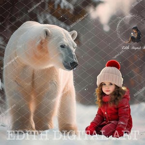 Forêt hivernale enchantée, toile de fond numérique ours polaire, portraits d'enfants magiques, photographie composite d'enfants en extérieur. + Enneigement gratuit