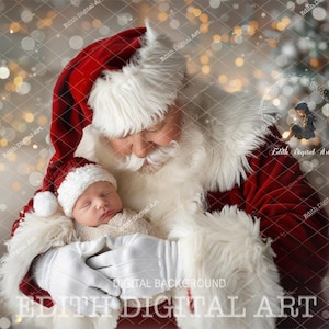 Pode incluir: Papai Noel, com um traje vermelho com detalhes brancos, segura um bebê dormindo que usa um gorro de tricô vermelho e branco. O fundo é uma imagem desfocada de luzes brilhantes e neve caindo.