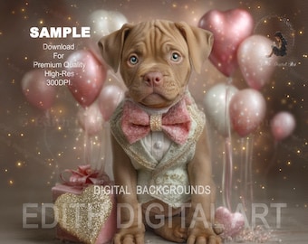 Valentines Digital Backdrop, Pink Gift Box With Heart Ballons, Love Background Dog Photography Overlay.