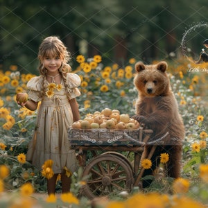 Cyfrowe tło fantasy, kompozyt dla dzieci, wiosenne tło cyfrowe fotografia, zbiory jabłek, sklep z wózkami, mama niedźwiedź, łąki kwiatowe do pobrania