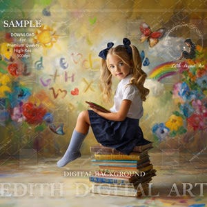 Könnte beinhalten: Ein junges Mädchen in einem weißen Shirt und einem marineblauen Rock sitzt auf einem Stapel Bücher. Sie hält ein Buch in ihren Händen und schaut in die Kamera. Der Hintergrund ist ein farbenfrohes Gemälde mit Blumen, Buchstaben und einem Regenbogen.