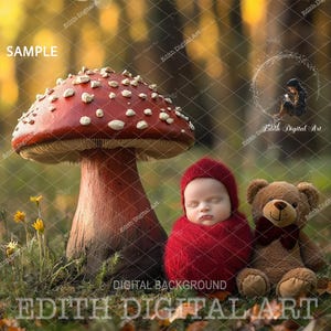 Newborn Digital Background Spring Mushroom With Teddy Bear, Fairytale Forest Backdrop For Baby Photography, Fantasy Composite Digital Prop