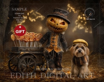 Pets Halloween Digital Backdrop, Fall Rustic Candy Cart With Jack O Lantern, Autumn Dogs and Cats Photo Composites, Photography Portraits
