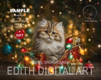 Pets Digital Christmas Background. Red Sleigh For Cats & Dogs. Downloadable Photography Backdrop Composite.