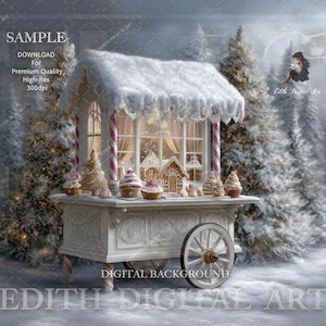 クリスマス キャンディ カートのデジタル背景、ジンジャーブレッド スタンド、雪の冬のワンダーランドのシーン、ホリデー スタジオ写真背景の写真撮影。