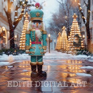 Cenário digital de quebra-nozes, fundo digital de Natal, foto de feriados de Natal, composição fotográfica, menina e menino, rua festiva de neve.