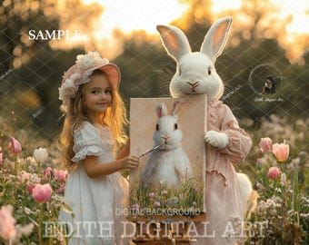 Easter Bunny Digital Backdrop Composite, Spring Blossom Field, Fantasy Outdoor Portrait, Creative Imagery Download, Spring Background Photo