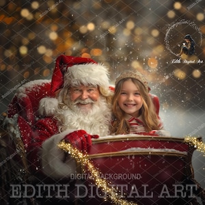May include: Santa Claus with a white beard and red suit smiles at a young girl wearing a crown and a red and white sweater. They are sitting in a red sleigh with gold glitter falling around them. The background is a blurry image of golden lights and falling snow.