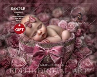 Floral Newborn Digital Background, Pink Roses Gift Box For Baby Girl Photography Backdrop (Instant Download)