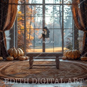 Autumn Digital Backdrop for Portrait Photography, Fall Room Window Scene With Bench Prop & Gold Pumpkins, Seasonal Background Photo Download