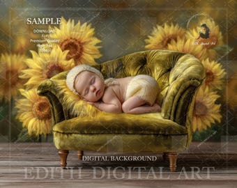 Newborn Photography Digital Backdrop, Green Digital Chair Photo Prop For Baby & Pets Portraits, Sunflower Studio, Fall Background Composite
