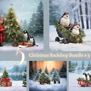 Christmas Digital Backdrop, Christmas Bundle of 5 Digital Background, Fantasy Xmas Outdoor Photoshoot, Penguins On Snow Winter Forest Photo