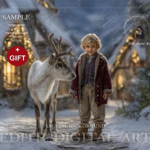 Christmas Digital Backdrop Photography For Photo Composites, Santa&#39;s Reindeer at Snow Xmas Village,  Fantasy Digital Background For Kids