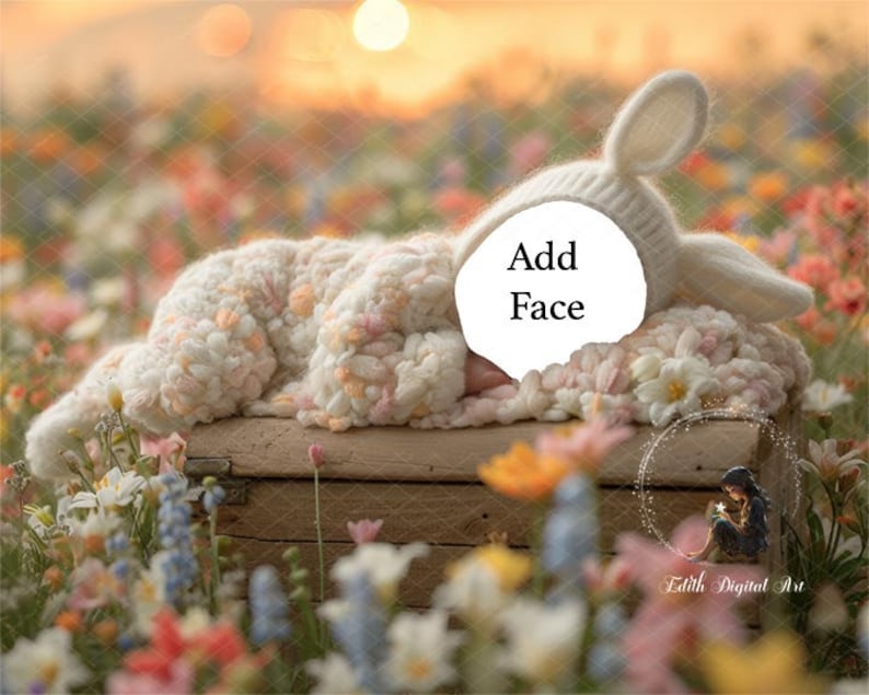 Neugeborenen Digitalen Hintergrund Neugeborenen Digitalen Hintergrund Fügen Sie das Gesicht zu Baby Girl Bunny, Digitale Vorlage Neugeborenen Overlay Frühlingsblütenfeld Bild 5
