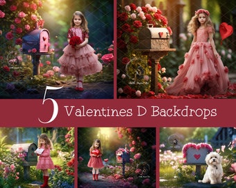 Valentijnsdag achtergrond digitale foto, bundel van 5 brievenbus liefde achtergrond fotografie composiet, afdrukbare dromerige liefde buiten bloemenveld.