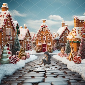 Candyland Digital Backdrop, Snowy Gingerbread Village Background, Fun Christmas Photo Backdrop Digital, Candy Snowy Road. Free Snow Overlay.