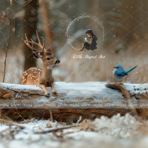 Snow Autumn Forest Backdrop, Snowy Log at Woodland, Winter, Fantasy Digital Background, Animals, Nature,  Outdoor Portrait, Digital Download