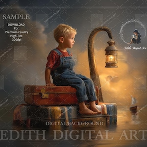 Children Photography Fine Art Digital Backdrop Fantasy Adventure, Kids Photo Composite, Fun Portrait, Sea Nautica Vintage Suicases at Ocean