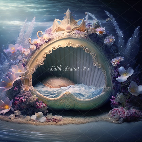 Mermaid Digital Backdrop, Mermaid Shells Background For Newborn and Toddler Girl Mermaid Composite, Fairytale Mermaid Shell Bed Overlay