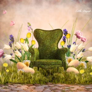May include: A mossy green armchair sits in a spring garden setting with white tulips, lavender, and yellow daffodils.  There are also brown speckled Easter eggs scattered around the chair.  The text "Edith Digital Art" is in the upper right corner of the image.