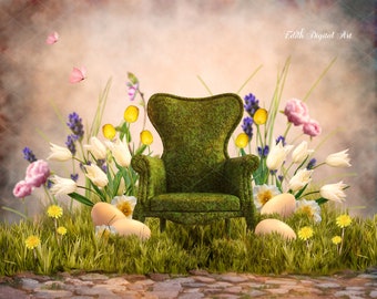 Easter Digital Backdrop, Spring Garden with Chair, Spring Digital Backdrops, Floral Backdrop Photography Composite For Kids, Cats, Dogs.